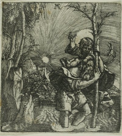 Sint Christoffel die het Christuskind draagt door Albrecht Altdorfer