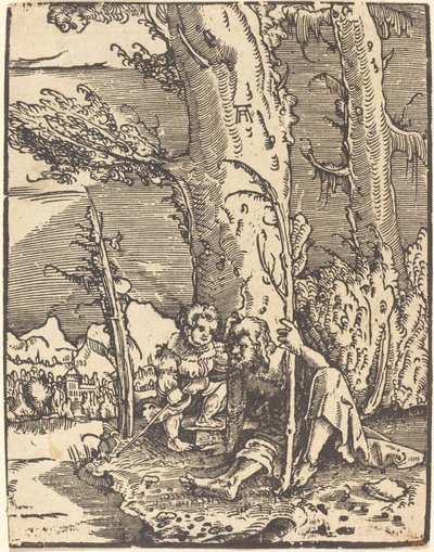 Sint Christoffel Zittend aan een Rivieroever door Albrecht Altdorfer