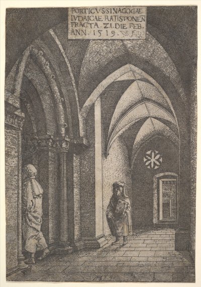 De ingangshal van de synagoge van Regensburg, 1519 door Albrecht Altdorfer