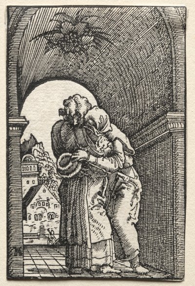 De Val en Verlossing van de Mens: De Omhelzing van Joachim en Anna bij de Gouden Poort door Albrecht Altdorfer