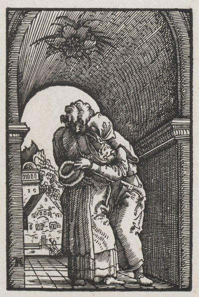 De Val en Verlossing van de Mens: De Omhelzing van Joachim en Anna bij de Gouden Poort door Albrecht Altdorfer