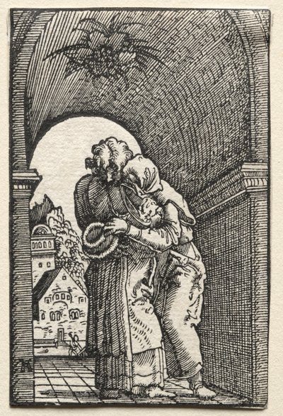 De Val en Verlossing van de Mens: De Omhelzing van Joachim en Anna bij de Gouden Poort, 1515 door Albrecht Altdorfer