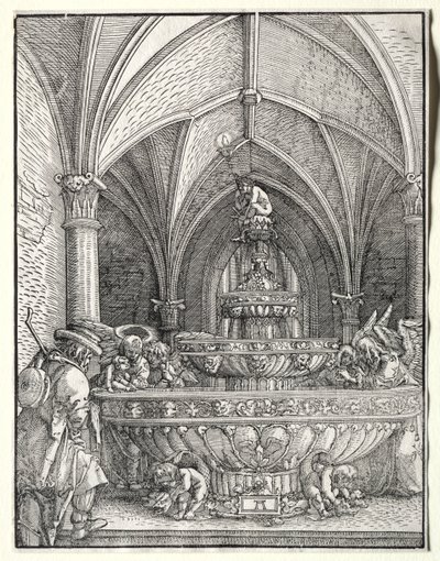 De Heilige Familie op de vlucht naar Egypte bij een fontein door Albrecht Altdorfer