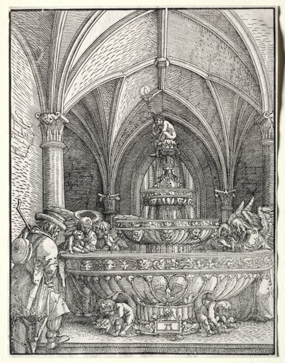 De Heilige Familie op de vlucht naar Egypte bij een fontein, ca. 1520 door Albrecht Altdorfer
