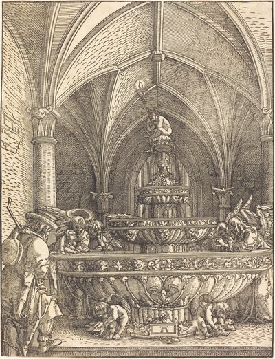 De rust tijdens de vlucht naar Egypte bij een fontein door Albrecht Altdorfer