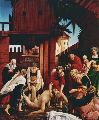 De ontdekking van het lichaam van de heilige in de Cloaca Maxima, van het St. Sebastian altaarstuk door Albrecht Altdorfer