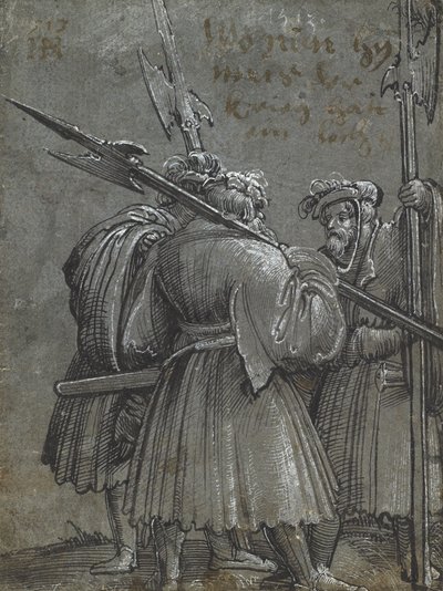 Drie nachtwakers, 1513 (tekening op blauwgrijs papier) door Albrecht Altdorfer