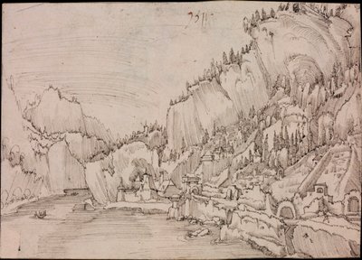 Uitzicht op Sarmingstein aan de Donau (Oostenrijk) - Tekening van Albrecht Altdorfer (circa 1480-1538) door Albrecht Altdorfer