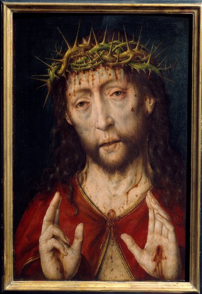 Christus van pijn. Gezicht van Christus met bloedende wonden door de doornenkroon met stigmata in de handpalmen. Schilderij door Albrecht Bouts (ca. 1455-1549) door Albrecht Bouts