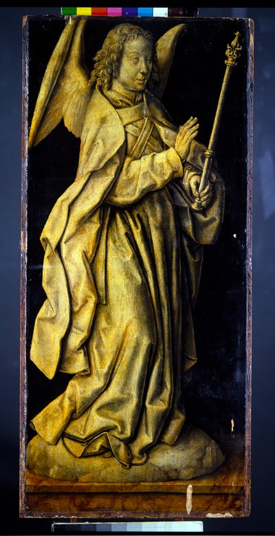 Voorheen de vleugels van een drieluik, een paar, vrouwelijke figuren die wijsheid en vrijgevigheid personifiëren, met de annunciatie (paneel; en grisaille verso) door Albrecht Bouts