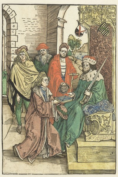 Conrad Celtis biedt Frederik III de Wijze, keurvorst van Saksen, een boek met het werk van Roswitha van Gandersheim aan door Albrecht Dürer (attributed to)