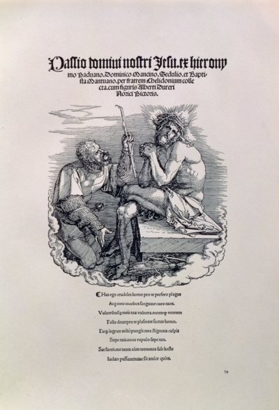 Een Romeinse soldaat bespot Christus, met de naam van de kunstenaar in het Latijn erboven, en daaronder een gedicht dat de mens berispt voor zijn zonden, titelpagina van de serie De Grote Passie, uitgegeven 1511 door Albrecht Dürer