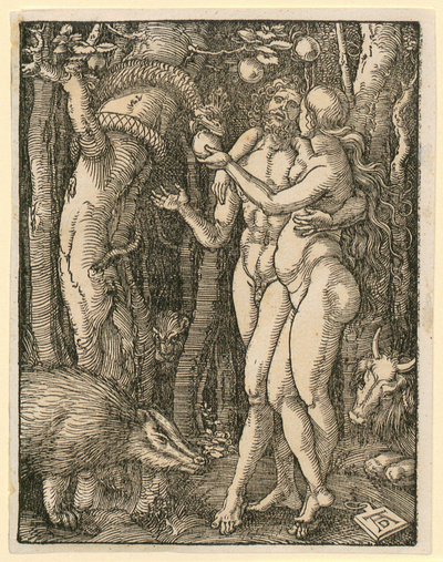 Adam en Eva, blad 2 uit de reeks "Kleine houtsnedepassie" door Albrecht Dürer