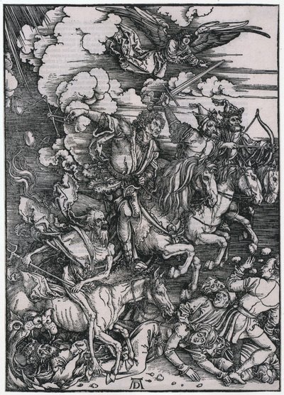 De vier ruiters van de Apocalyps, figuur III, blad 5 uit de serie „De Apocalyps“ door Albrecht Dürer