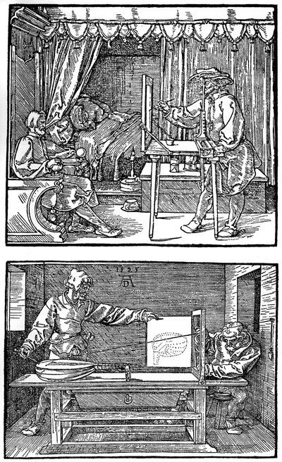 Apparaat voor het vertalen van driedimensionale objecten naar tweedimensionale tekeningen, 1525, 1936 door Albrecht Dürer