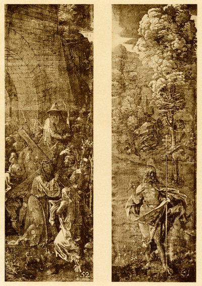 Draag van het kruis en Christus met de overwinningsvlag door Albrecht Dürer