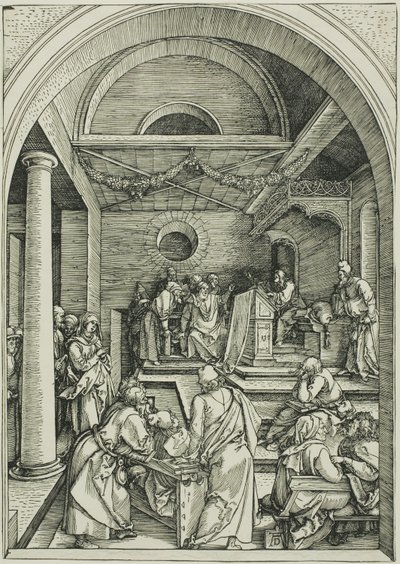 Christus onder de dokters, uit Het leven van de Maagd door Albrecht Dürer