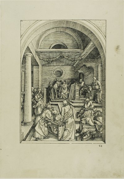 Christus onder de Doktoren, uit Het Leven van de Maagd door Albrecht Dürer