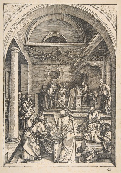 Christus tussen de Doktoren, uit Het Leven van de Maagd, Latijnse Editie, 1511 door Albrecht Dürer