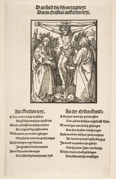 Christus aan het kruis tussen de Maagd en Sint Jan, eerste blad van twee, 1510 door Albrecht Dürer