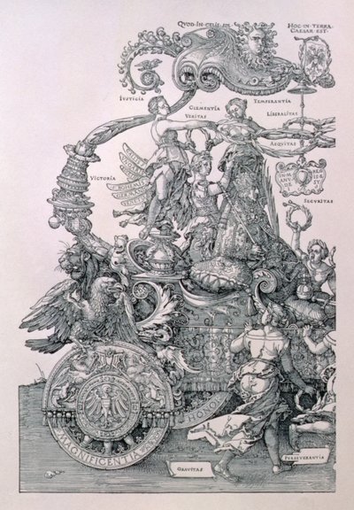 Ontwerp voor De Grote Triomfwagen van Keizer Maximiliaan I: detail met de Deugden die een krans op het hoofd van de Keizer plaatsen, gepland door Willibald Pirckheimer, uitgegeven c.1518 door Albrecht Dürer