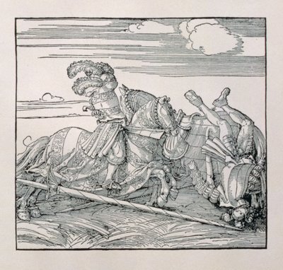 Keizer Maximiliaan I van Duitsland (1459-1519) werpt een tegenstander uit het zadel in een steekspel, uit een ongepubliceerd boek dat de ridderlijke daden van de keizer verheerlijkt, c.1515 door Albrecht Dürer