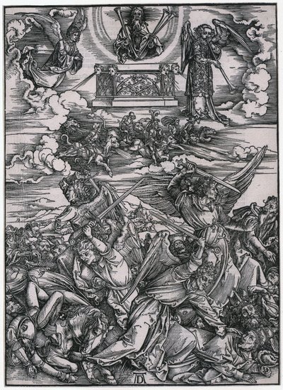 Engelenstrijd, VII. Figuur, blad 9 uit de serie „De Apocalyps“ door Albrecht Dürer