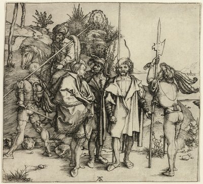 Vijf Landsknechten en een Oosterse Man te Paard door Albrecht Dürer