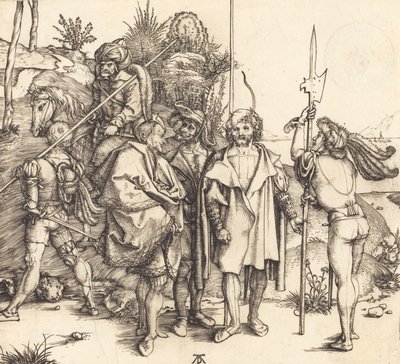 Vijf soldaten en een Turk te paard, 1495-1496 door Albrecht Dürer