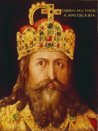 Ideaalportret van keizer Karel de Grote in kroningsornament met de rijkskroon door Albrecht Dürer