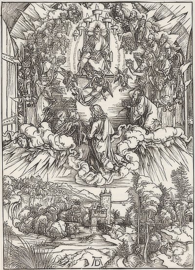 Johannes voor God de Vader en de Oudsten, uit de reeks van de Apocalyps. 1496 door Albrecht Dürer