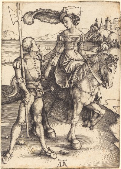 Dame te paard en de Lansquenet door Albrecht Dürer