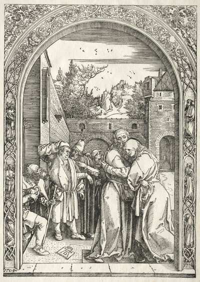 Leven van de Maagd: Joachim en Anna omhelzen elkaar onder de Gouden Poort door Albrecht Dürer