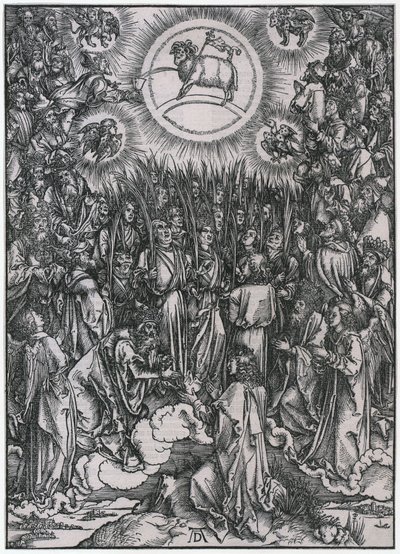 Lofzang van de uitverkorenen in de hemel / Aanbidding van het Lam, XIIe figuur, blad 14 uit de reeks „De Apocalyps“ door Albrecht Dürer