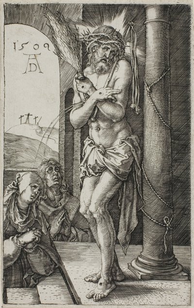 Man van smarten bij de zuil, frontispice uit De gegraveerde passie door Albrecht Dürer