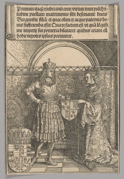 Maximiliaan en Maria van Bourgondië, plaat 2 uit Historische scènes uit het leven van keizer Maximiliaan I uit de Triomfboog door Albrecht Dürer