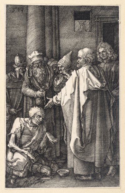 Petrus en Johannes genezen een lamme bedelaar in de tempel (Gegraveerde Passie) door Albrecht Dürer