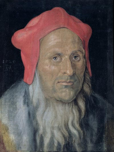 Portret van een bebaarde man met een rode hoed door Albrecht Dürer