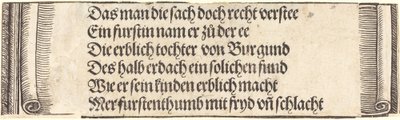 Gedrukte tekst voor "De verloving van Maximiliaan met Maria van Bourgondië" door Albrecht Dürer