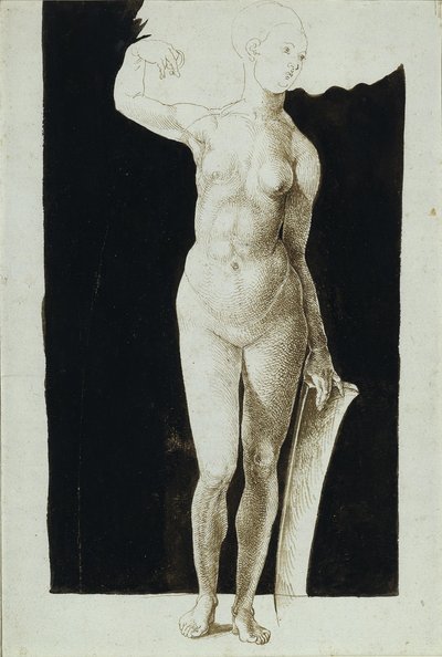 Proportiestudie van vrouwelijke naakt met een schild, 1500 door Albrecht Dürer