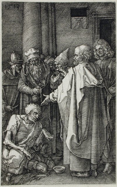 De heiligen Petrus en Johannes genezen een kreupele bij de poort van de tempel door Albrecht Dürer