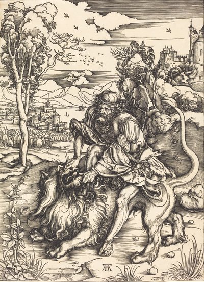 Simson vecht met de leeuw, ca. 1497-1498 door Albrecht Dürer