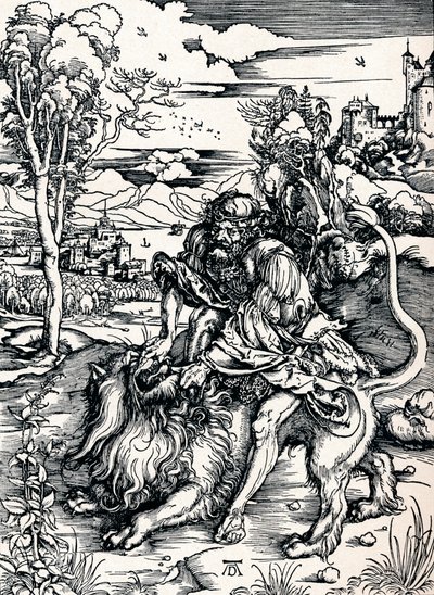 Simson verscheurt de leeuw, 1497 1906 door Albrecht Dürer