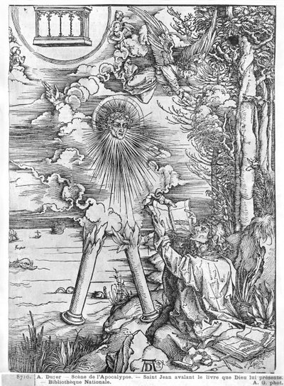 Scène uit de Apocalyps, St. Johannes die het Boek verslindt, Latijnse editie, 1511 door Albrecht Dürer