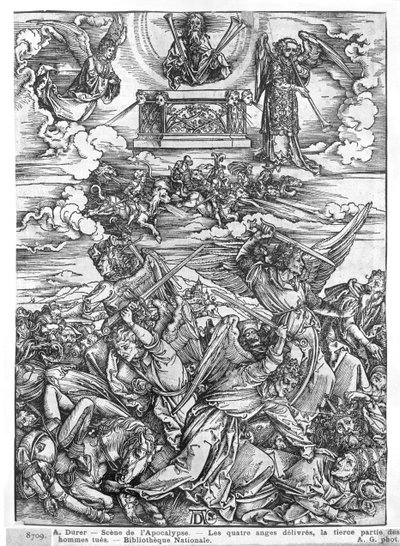Scène uit de Apocalyps, De Vier Wraakzuchtige Engelen, Latijnse editie, 1511 door Albrecht Dürer