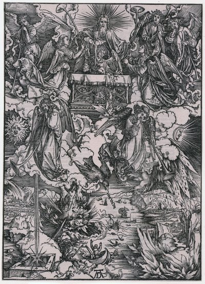 Zeven bazuinende engelen, figuur VI, blad 8 uit de reeks „De Apocalyps“ door Albrecht Dürer