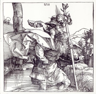 Sint-Christoffel draagt het Christuskind, 1511 (houtsnede) (zw foto) door Albrecht Dürer