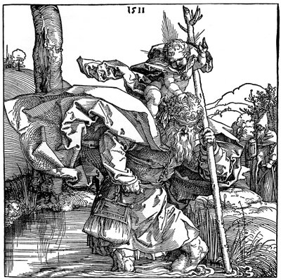 Sint Christoffel draagt het Christuskind door Albrecht Dürer