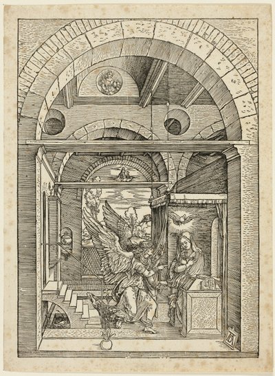 De annunciatie, uit Het leven van de Maagd door Albrecht Dürer