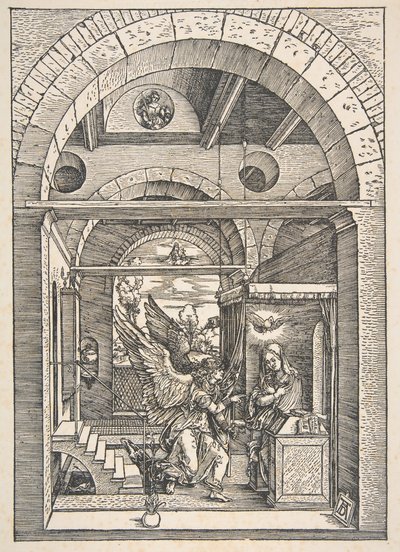 De Annunciatie, uit Het Leven van de Maagd, Latijnse Editie, 1511 door Albrecht Dürer